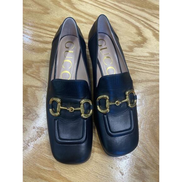 Gucci Loafers Women's 8 Black Leather Slip On Square Toe Block Heel Formal S32 - Picture 1 of 15